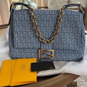 FENDI Zucchino Gorgeous Mama Baguette
Celeste Blue Gold Hardware